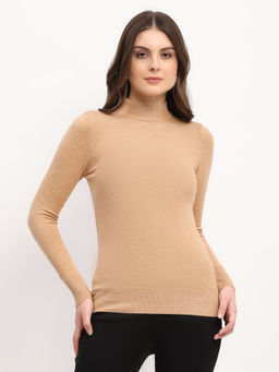Global Republic - Beige Viscose Blend Solid High Neck Sweater