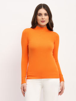 Global Republic - Orange Viscose Blend Solid High Neck Sweater