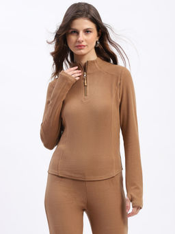 Global Republic - Women Brown Rayon Blend High Neck Sweatshirt