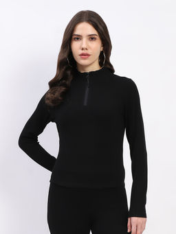 Global Republic - Women Black Rayon Blend High Neck Sweatshirt