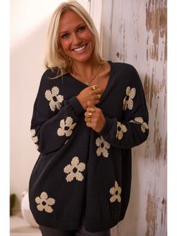 Errabelly - Black Floral Print Knitted Open Front Loose Cardigan