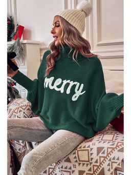 Errabelly - Blackish Green Merry Letter Embroidered High Neck Sweater