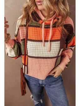 Errabelly - Multi Color Block Waffle Knit Drawstring Mock Neck Sweater