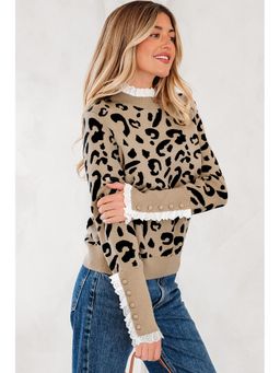 Errabelly - Brown Leopard Pattern Lace Ribbed Detail Button Cuffed Sweater