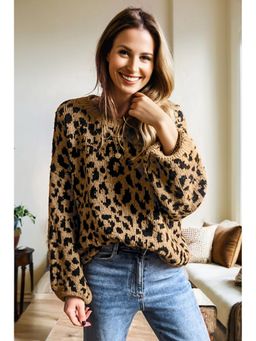 Errabelly - Light French Beige Ribbed Trim Round Neck Leopard Drop Shoulder Sweater