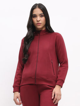 Global Republic - Women Maroon Polyester High Neck Sweatshirt