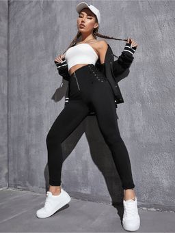 Outzidr - Side Waist Tie Up Denim Black Jeans