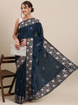 Vastranand - Navy Blue Floral Art Silk Saree with Unstitched Blouse