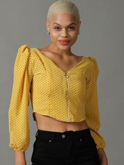 SHOWOFF - Womens Long Sleeves V-Neck Yellow Polka Dot Top