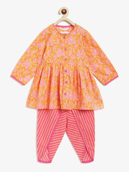 Campana - Girls Asmi Kurta with Dhoti Pastel Floral Print - Orange & Pink (Set of 2)