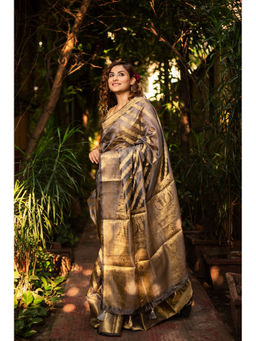 APAAPI THREADS OF GLORY - Grey Soft Tissue Organza Saree with Unstitched Blouse