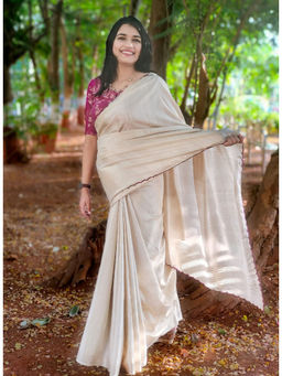 APAAPI THREADS OF GLORY - Off White Tussar Blend Saree with Whole Work with Unstitched Blouse