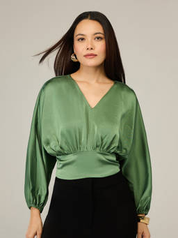RSVP by Nykaa Fashion - Green Satin V Neck Batwing Sleeves Smocked Back Top