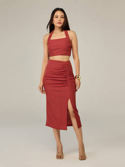 RSVP by Nykaa Fashion - Rust Textured Halter Neck Gathered & Fitted Co-Ord Set