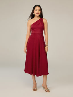 RSVP by Nykaa Fashion - Maroon Satin One Shoulder Gathered Bodice Fit & Flare Midi Dress
