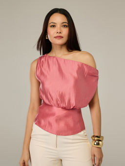 RSVP by Nykaa Fashion - Pink One Shoulder Sheen Finish Regular Top