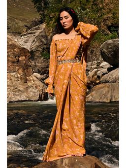 Paulmi & Harsh - Yellow Jungle Print Saree with Stitched Blouse Stitched Blouse
