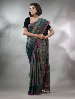 CHARUKRITI - Teal Tissue Handwoven Soft Saree with Texture Designs & Unstitched Blouse