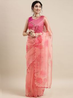Vastranand - Pink Floral Organza Saree with Unstitched Blouse