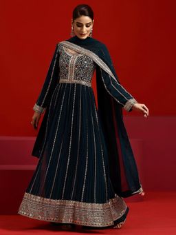 Libas Art - Teal Floral Embellished Kurta With Palazzo & Dupatta (Set of 3)