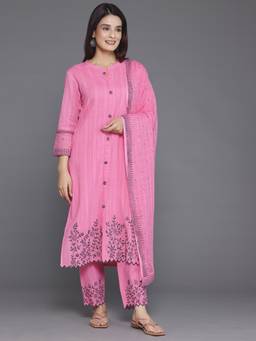 Libas - Pink Floral Hem Embroidered Kurta With Pant & Dupatta (Set of 3)