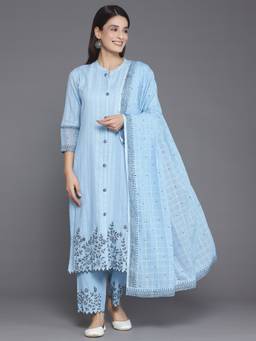 Libas - Blue Floral Hem Embroidered Kurta With Pant & Dupatta (Set of 3)