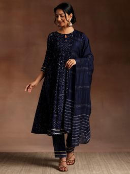 Libas - Navy Blue Bandhani Printed High Slit Viscose Rayon Kurta With Pant & Dupatta (Set of 3)