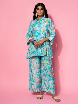 Libas - Blue Silk Blend Printed Shirt & Printed Palazzo With Both Side Pocket (Set of 2)
