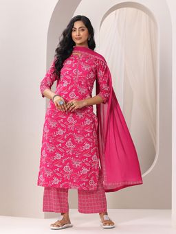 Libas - Pink Floral Printed Straight Kurta With Ethnic Print Palazzo & Dupatta (Set of 3)