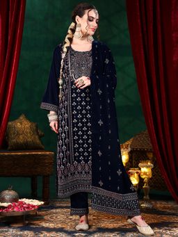 Libas - Navy Blue Floral Embellished Velvet Kurta With Pant & Dupatta