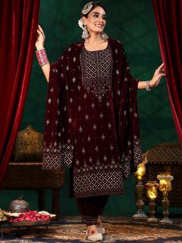 Libas - Burgundy Ethnic Motif Embellished Velvet Kurta With Salwar & Dupatta