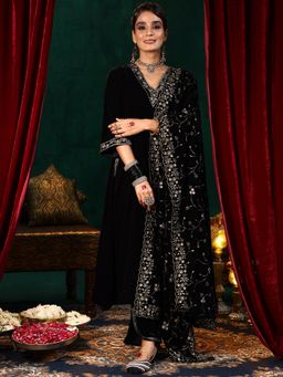 Libas - Black Zari Neck Embellished Velvet Kurta With Pant & Dupatta