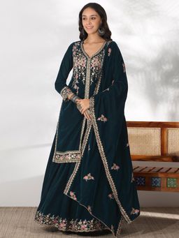 Libas - Teal Floral Embroidered Straight Kurta With Skirt & Dupatta