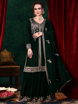 Libas - Green Floral Embroidered Straight Kurta With Skirt & Dupatta