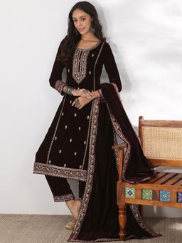 Libas - Wine Floral Embroidered Straight Panelled Kurta With Pant & Dupatta