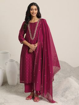 Libas - Maroon Kurta With Floral Yoke & Pant With Dupatta (Set of 3)