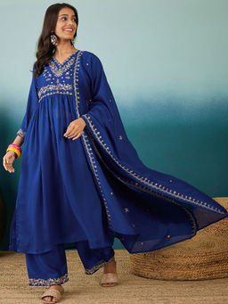 KVS FAB - Embroidered Royal Blue Silk Blend Kurta With Palazzo & Dupatta (Set of 3)