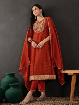 KVS FAB - Embroidered Sequined Orange Silk Blend Kurta With Pant & Dupatta (Set of 3)