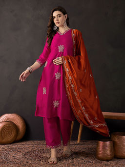 KVS FAB - Embroidered Sequined Magenta Silk Blend Kurta With Pant & Dupatta (Set of 3)