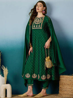 KVS FAB - Sequined Embroidered Green Printed Kurta and Pant With Dupatta (Set of 3)