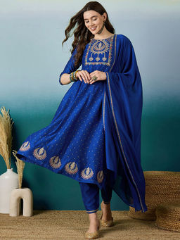KVS FAB - Embroidered & Sequined Blue Foil Printed Kurta and Pant With Dupatta (Set of 3)