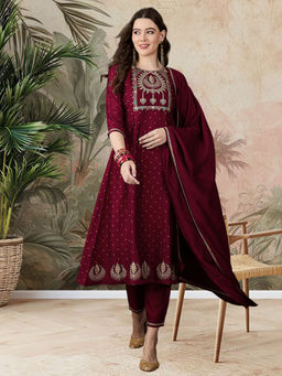 KVS FAB - Embroidered Maroon Silk Blend Kurta With Pant & Dupatta (Set of 3)