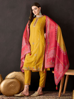 KVS FAB - Embroidered Yellow Cotton Blend Kurta With Pant & Printed Dupatta (Set of 3)