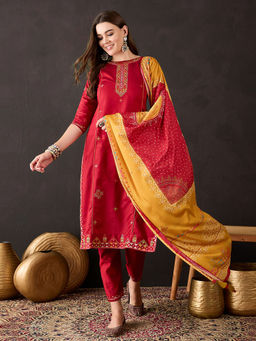 KVS FAB - Embroidered Maroon Cotton Blend Kurta With Pant & Printed Dupatta (Set of 3)