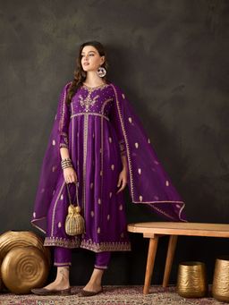 KVS FAB - Purple Silk Blend Embroidered Kurta With Pant & Dupatta (Set of 3)