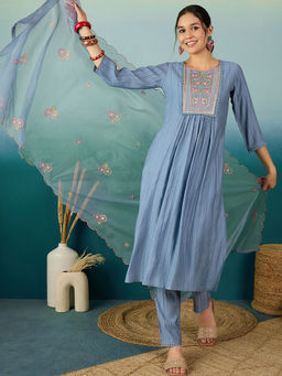 KVS FAB - Embroidered Sequined Blue Silk Blend Kurta With Pant & Dupatta (Set of 3)