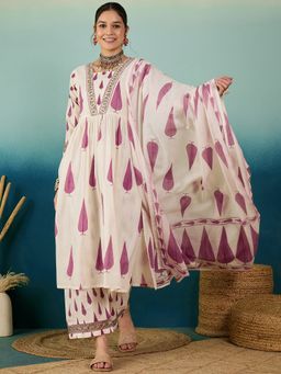 KVS FAB - Embroidered White & Pink Ethnic Motif Kurta With Palazzo & Dupatta (Set of 3)