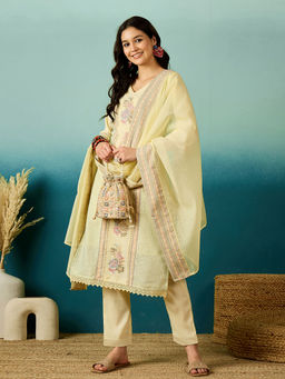 KVS FAB - Jacquard Zari Yellow Cotton Blend Kurta With Pant & Dupatta (Set of 3)