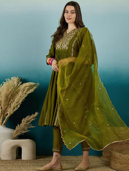 KVS FAB - Embroidered Mahendi Green Silk Blend Kurta With Pant & Dupatta (Set of 3)