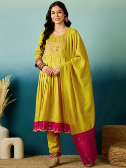 KVS FAB - Embroidered Sequined Yellow Silk Blend Kurta With Pant & Dupatta (Set of 3)
